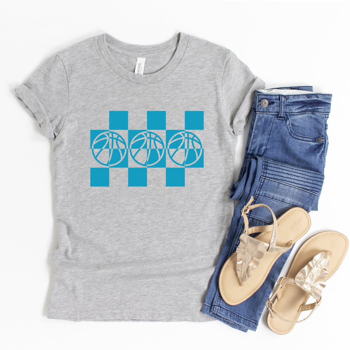 Checkered Basketball Outline - Youth Short Sleeve Graphic T-Shirt