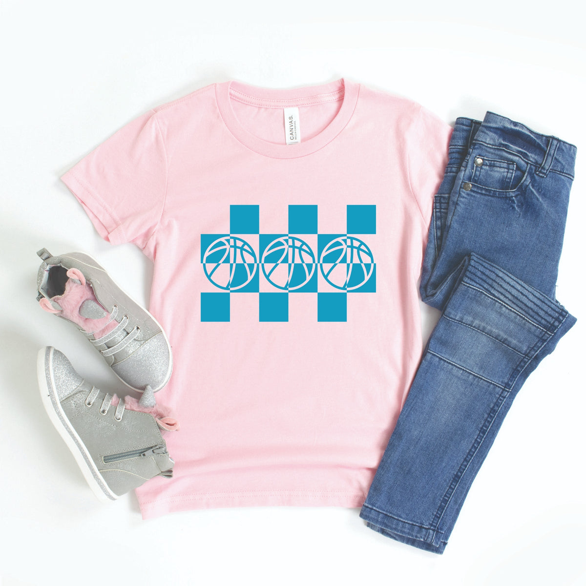 Checkered Basketball Outline - Youth Short Sleeve Graphic T-Shirt