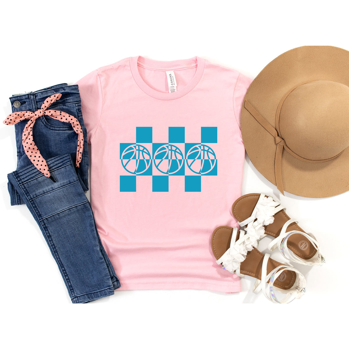 Checkered Basketball Outline - Youth Short Sleeve Graphic T-Shirt