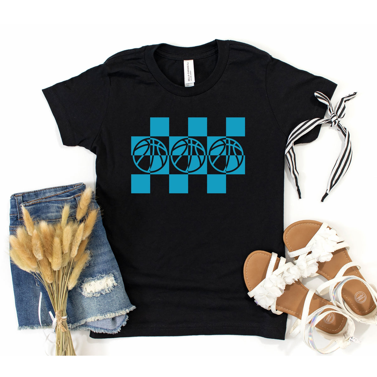Checkered Basketball Outline - Youth Short Sleeve Graphic T-Shirt
