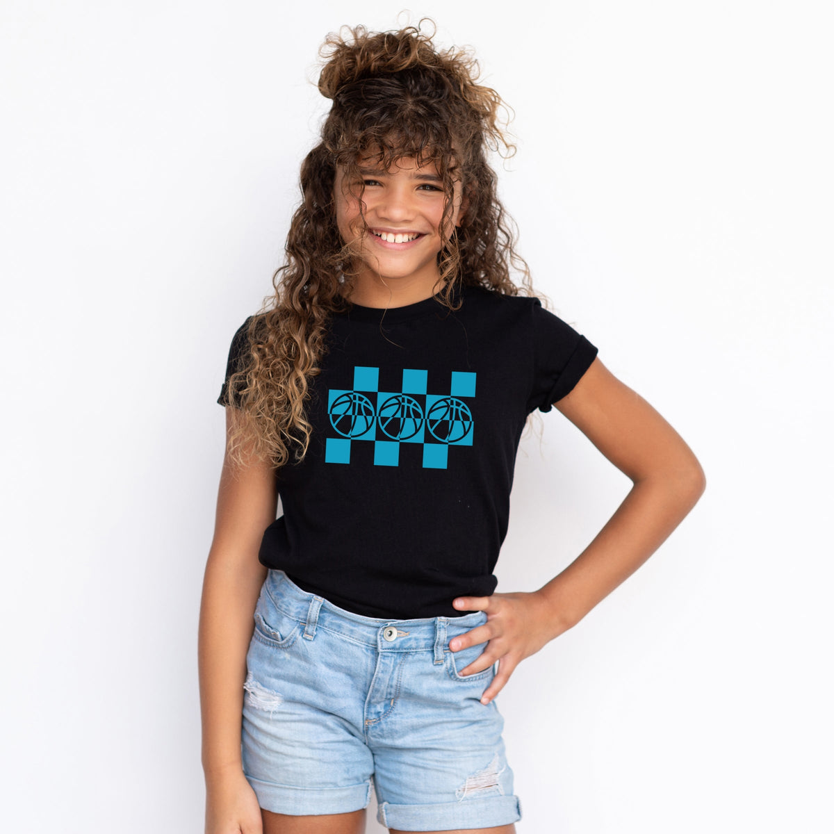 Checkered Basketball Outline - Youth Short Sleeve Graphic T-Shirt