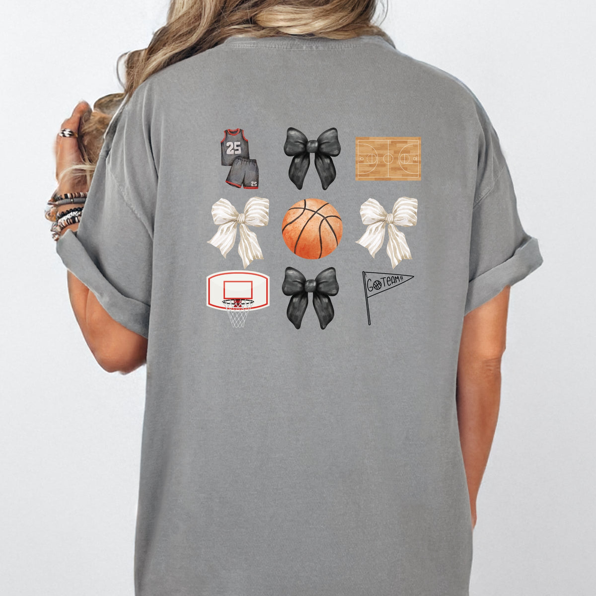 Watercolor Basketball Collage Coquette Front And Back Design - Women's Garment Dyed Graphic T-Shirt