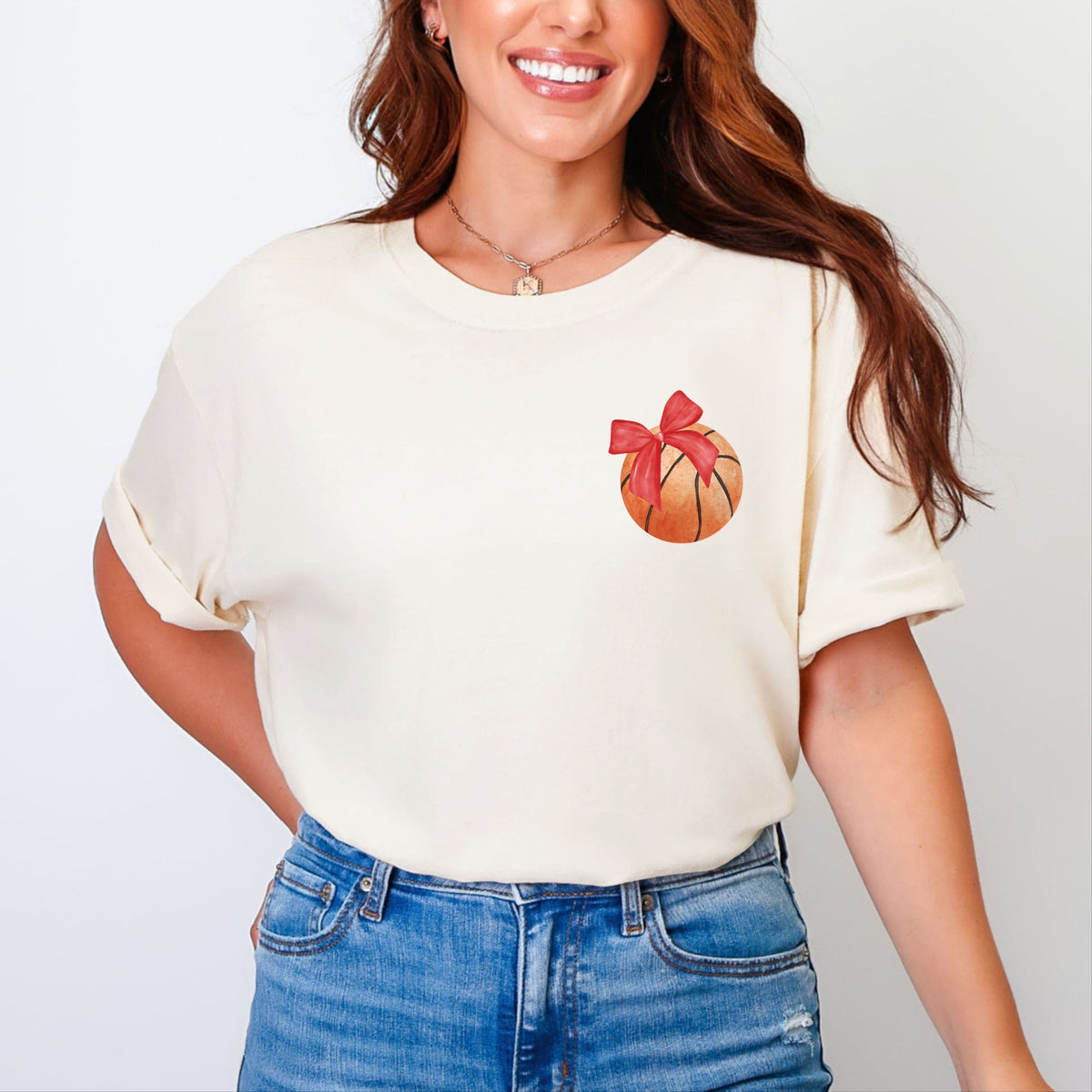 Watercolor Basketball Collage Coquette Front And Back Design - Women's Garment Dyed Graphic T-Shirt