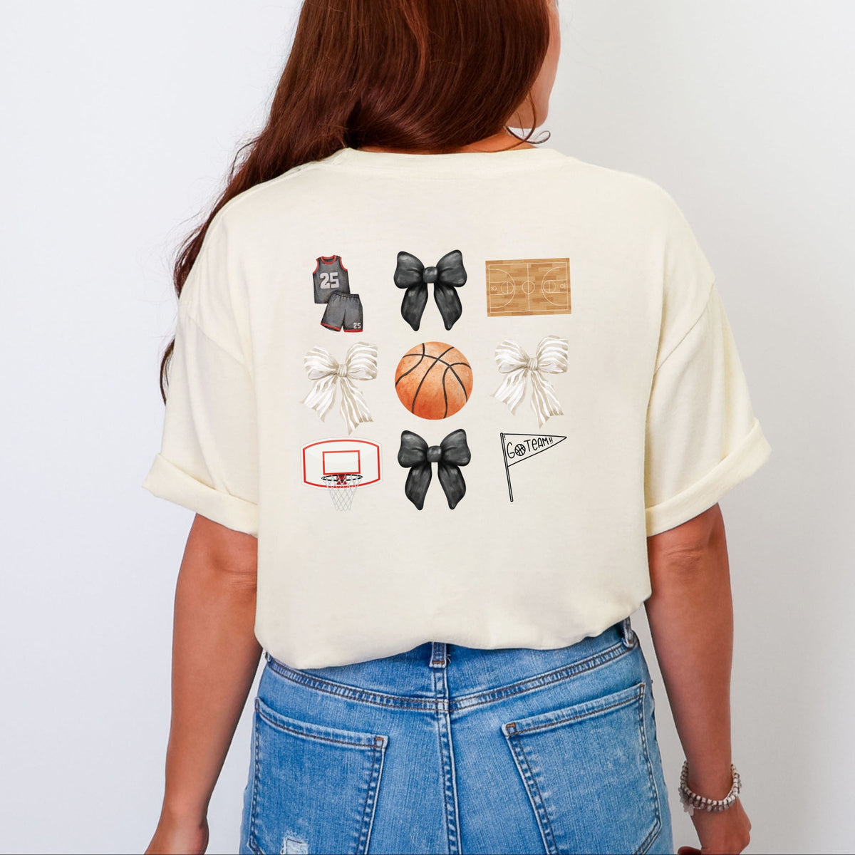 Watercolor Basketball Collage Coquette Front And Back Design - Women's Garment Dyed Graphic T-Shirt