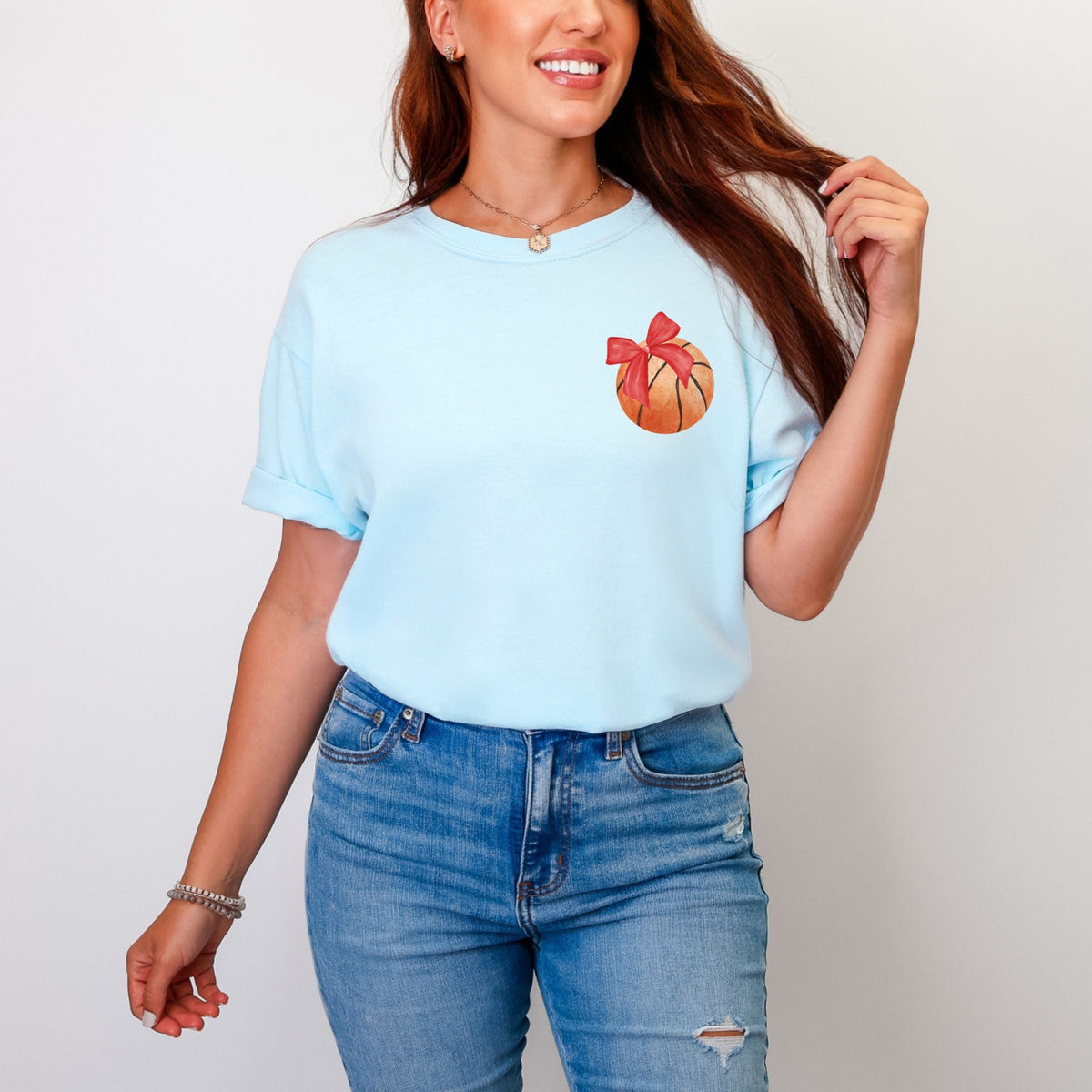 Watercolor Basketball Collage Coquette Front And Back Design - Women's Garment Dyed Graphic T-Shirt