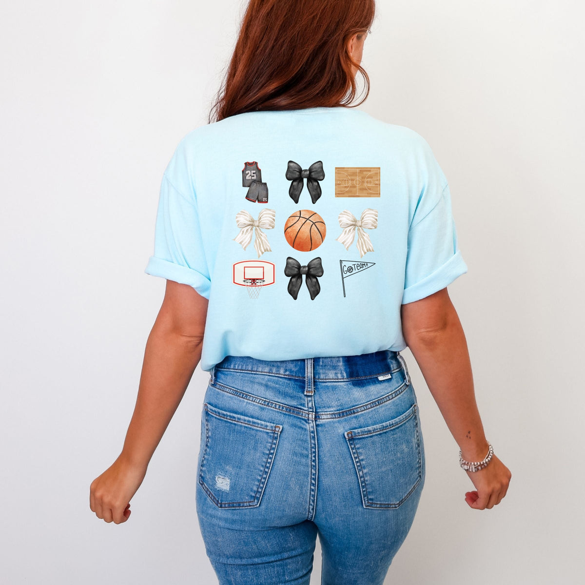 Watercolor Basketball Collage Coquette Front And Back Design - Women's Garment Dyed Graphic T-Shirt