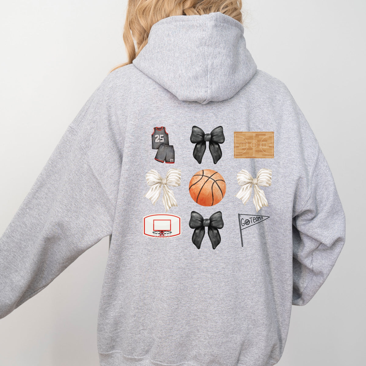 Watercolor Basketball Collage Coquette Front And Back Design - Women's Graphic Hoodie