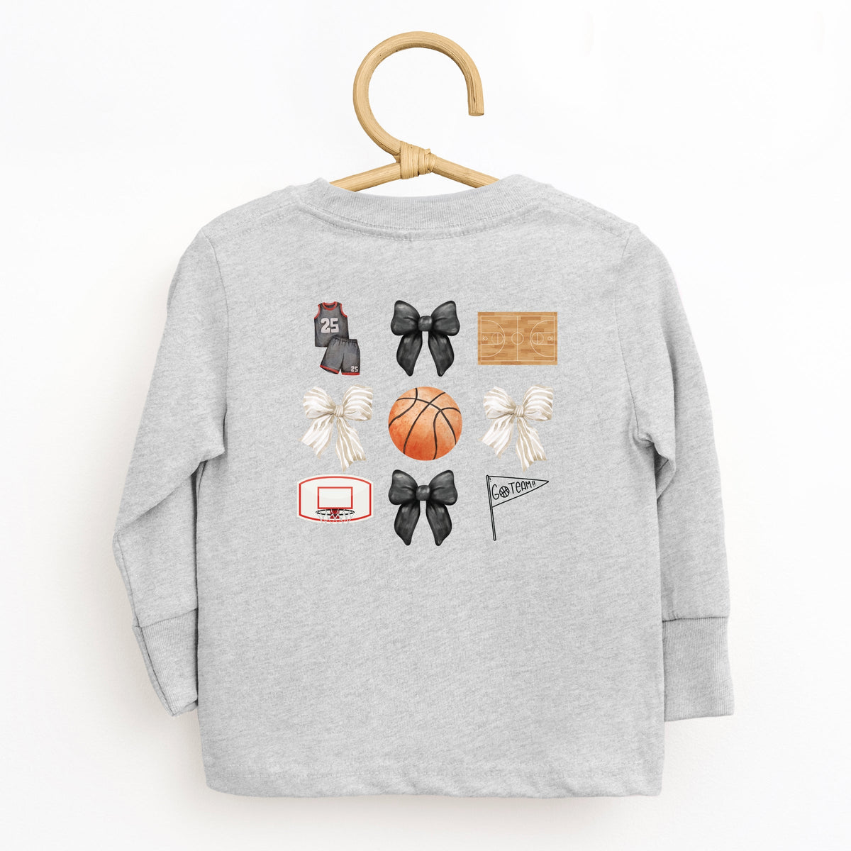 Watercolor Basketball Collage Coquette Front And Back Design - Toddler Long Sleeve Graphic Tee