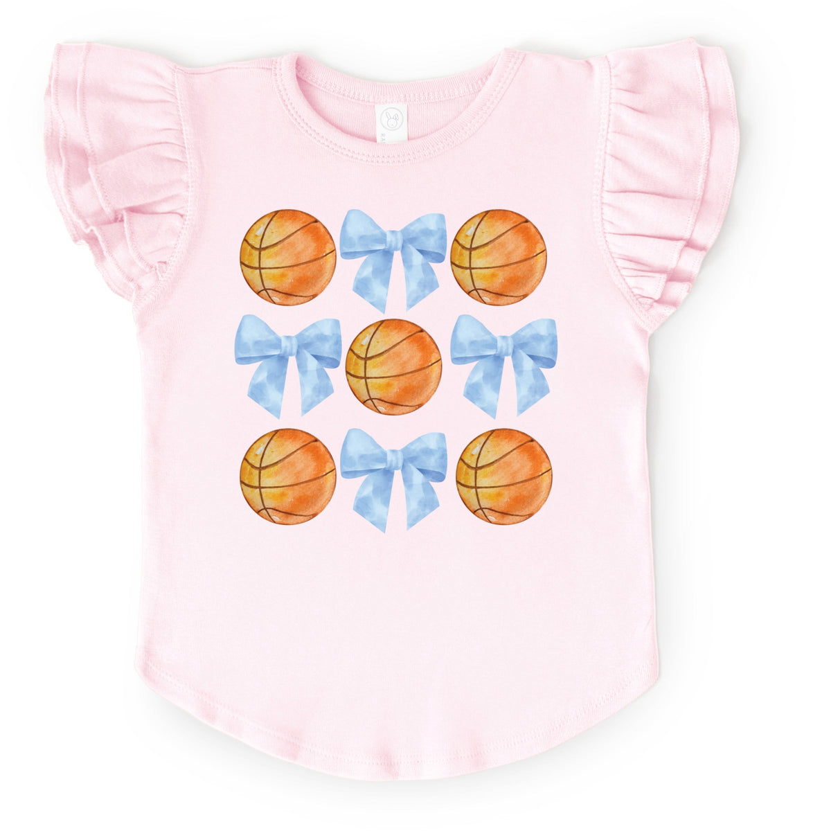Basketball and Blue Bows Watercolor - Flutter Sleeve Graphic T-Shirt