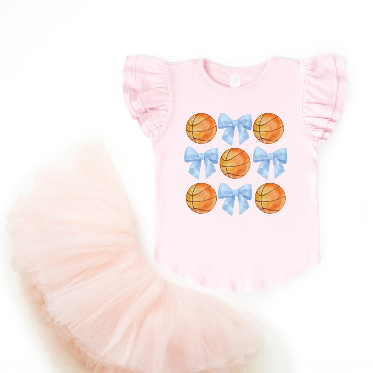 Basketball and Blue Bows Watercolor - Flutter Sleeve Graphic T-Shirt