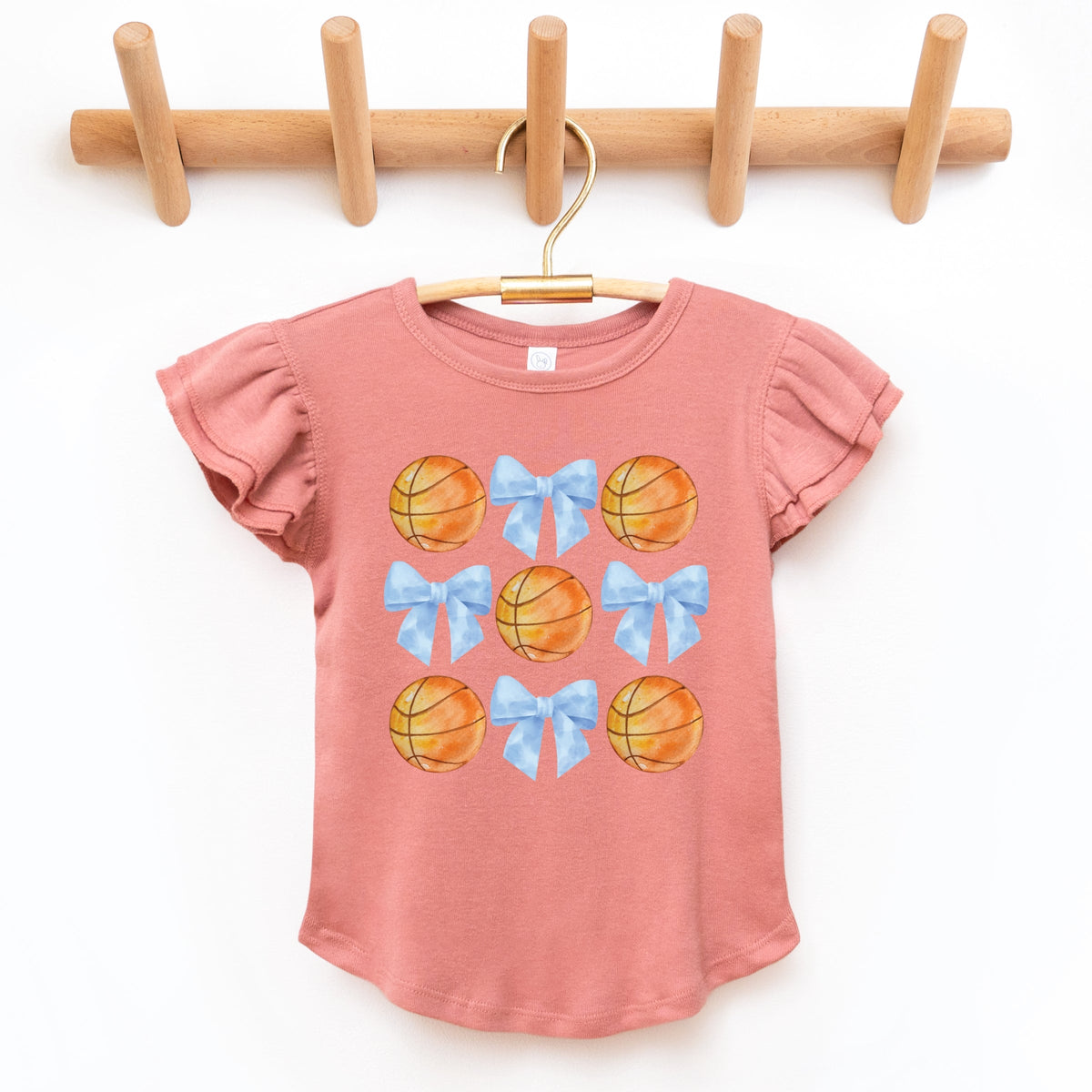 Basketball and Blue Bows Watercolor - Flutter Sleeve Graphic T-Shirt