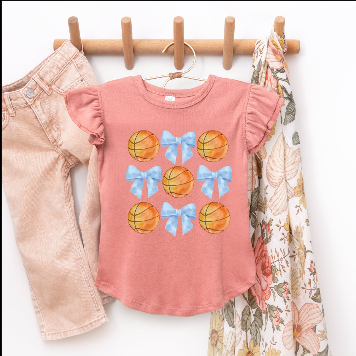 Basketball and Blue Bows Watercolor - Flutter Sleeve Graphic T-Shirt