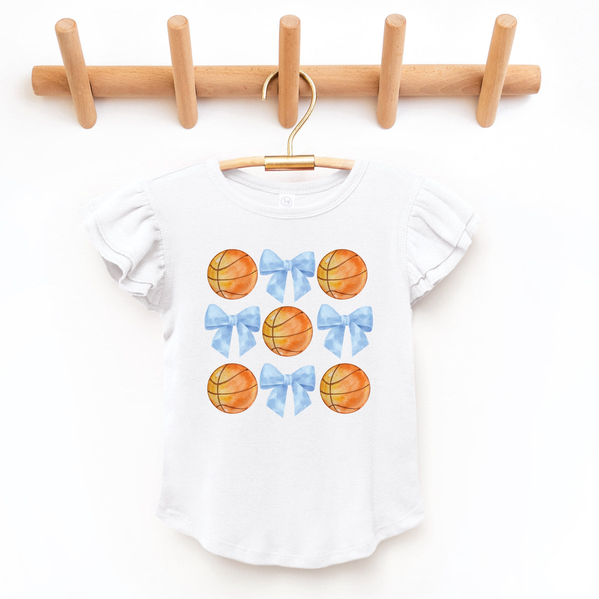 Basketball and Blue Bows Watercolor - Flutter Sleeve Graphic T-Shirt