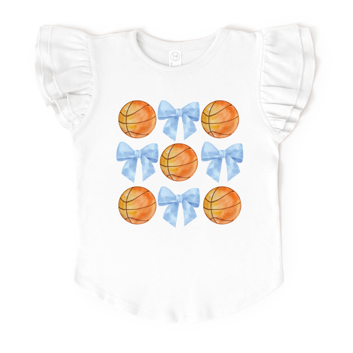 Basketball and Blue Bows Watercolor - Flutter Sleeve Graphic T-Shirt