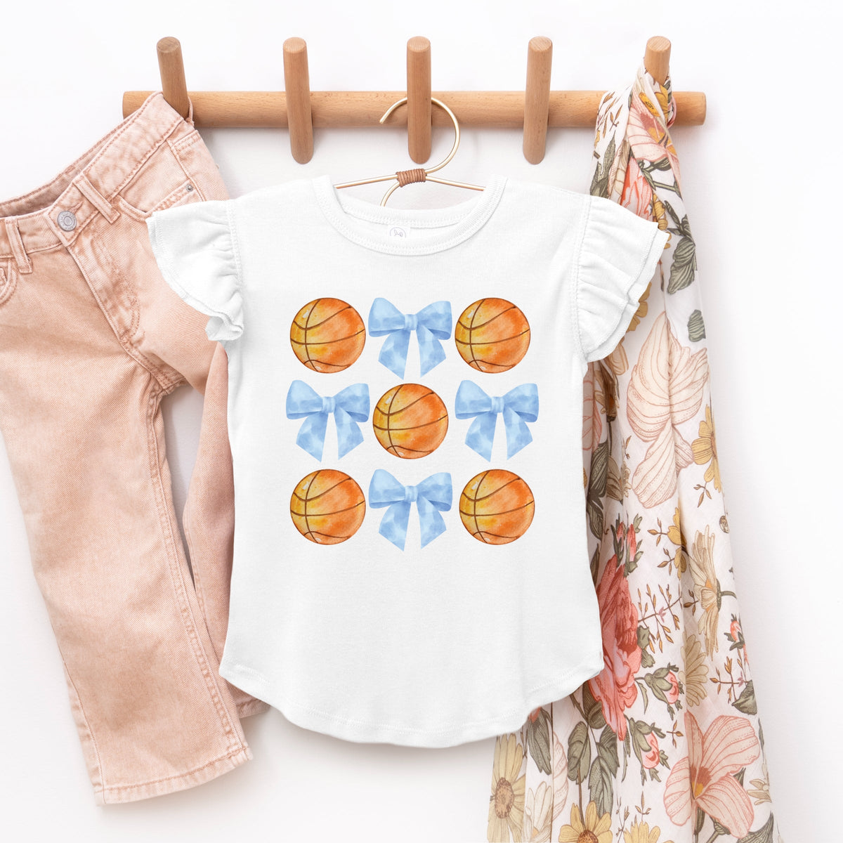 Basketball and Blue Bows Watercolor - Flutter Sleeve Graphic T-Shirt
