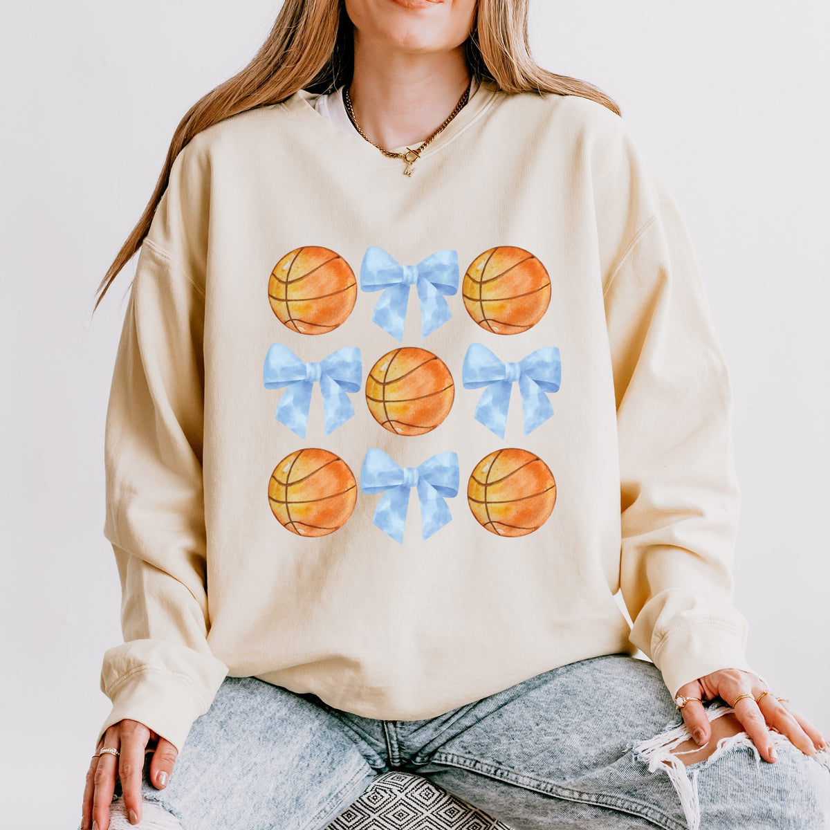 Basketball and Blue Bows Watercolor - Women's Lightweight Garment Dyed Sweatshirt