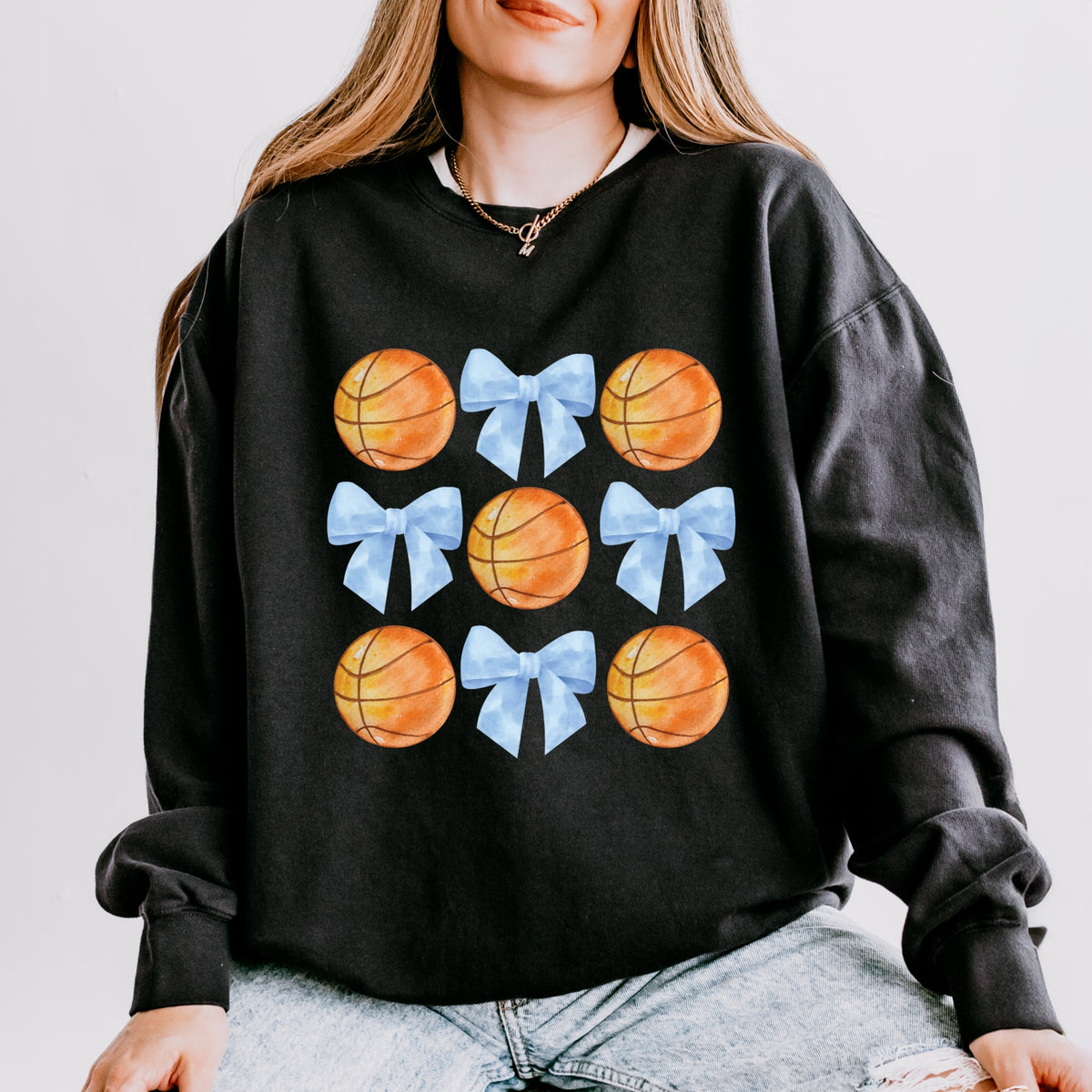 Basketball and Blue Bows Watercolor - Women's Lightweight Garment Dyed Sweatshirt