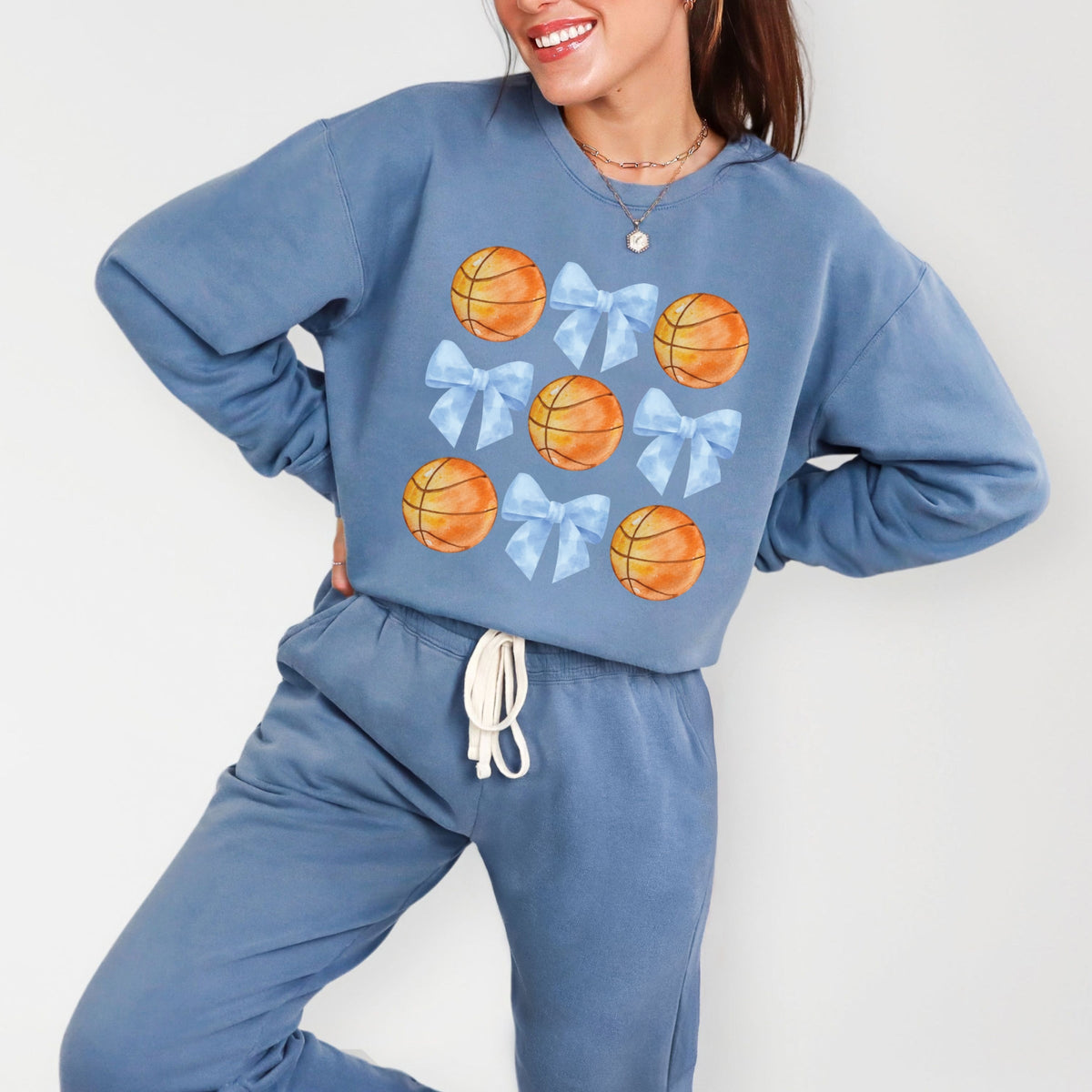 Basketball and Blue Bows Watercolor - Women's Lightweight Garment Dyed Sweatshirt