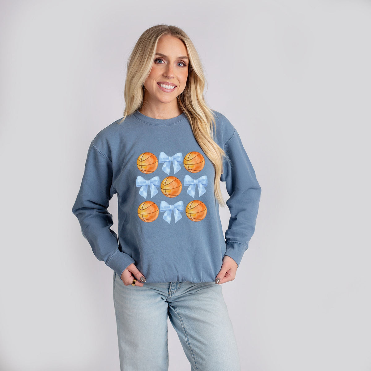 Basketball and Blue Bows Watercolor - Women's Lightweight Garment Dyed Sweatshirt
