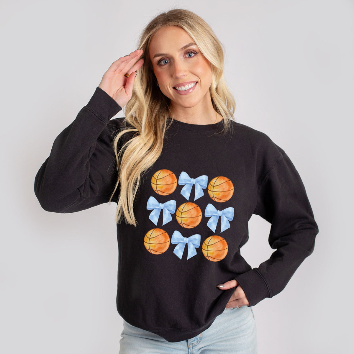 Basketball and Blue Bows Watercolor - Women's Lightweight Garment Dyed Sweatshirt