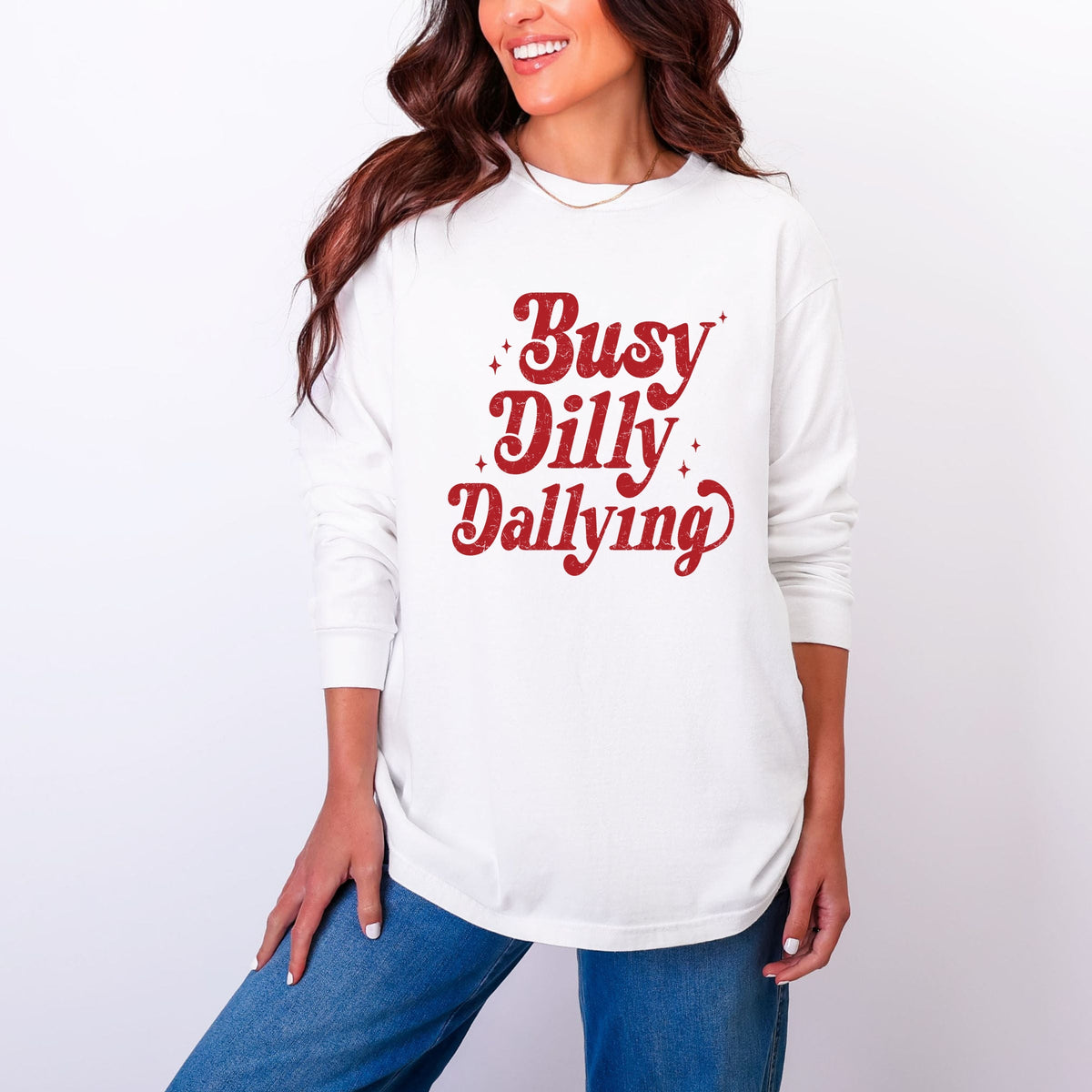 Busy Dilly Dallying Stars Distressed - Women's Garment Dyed Long Sleeve Graphic T-Shirt