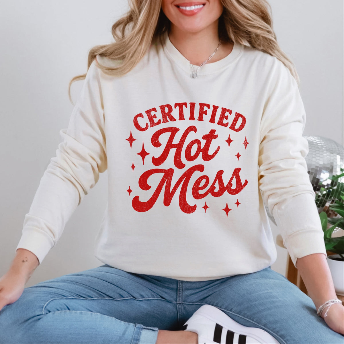 Certified Hot Mess Stars Distressed - Women's Garment Dyed Long Sleeve Graphic T-Shirt