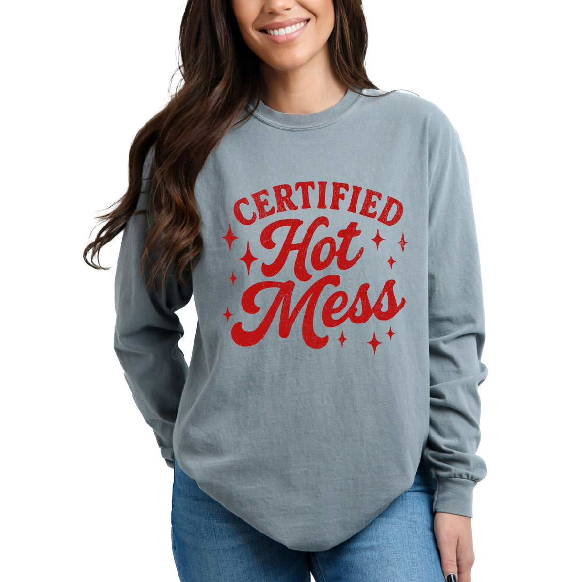 Certified Hot Mess Stars Distressed - Women's Garment Dyed Long Sleeve Graphic T-Shirt