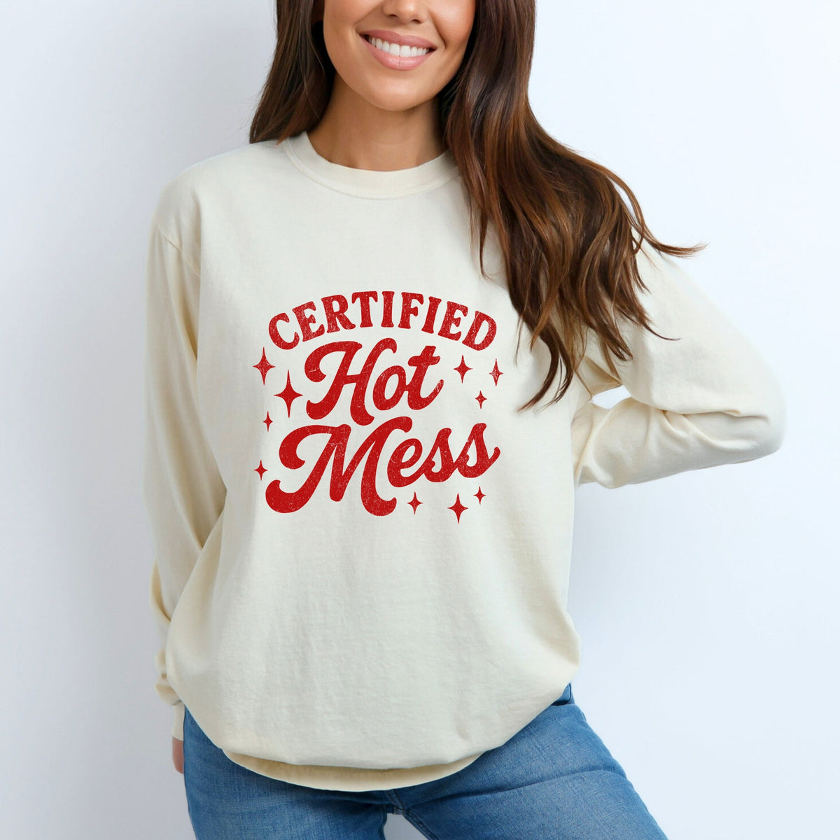 Certified Hot Mess Stars Distressed - Women's Garment Dyed Long Sleeve Graphic T-Shirt