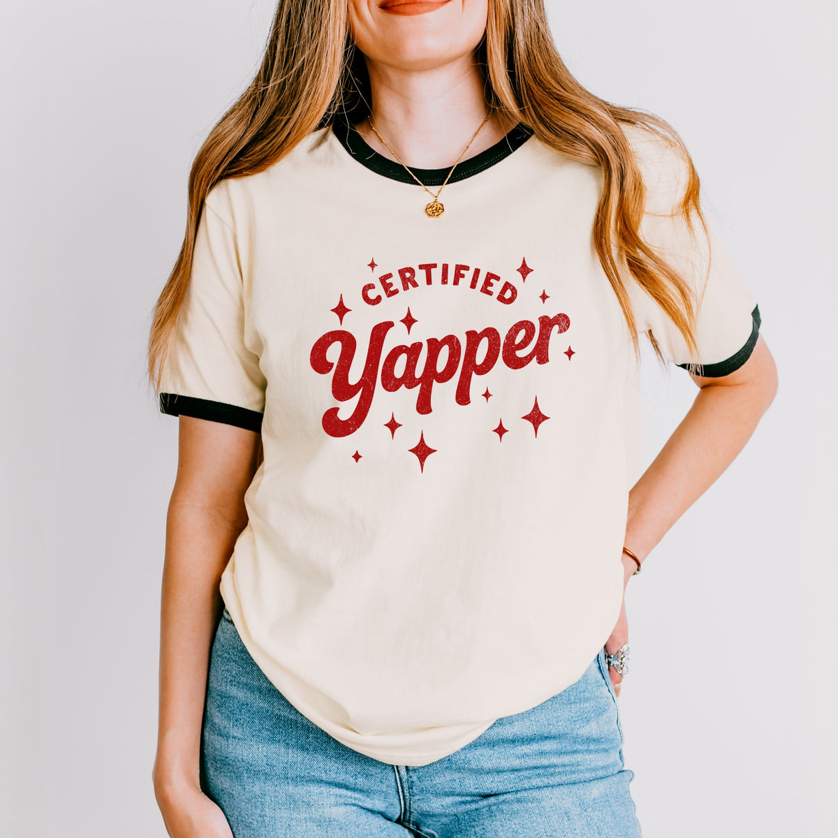 Certified Yapper Stars Distressed - Women's Ringer Graphic T-Shirt