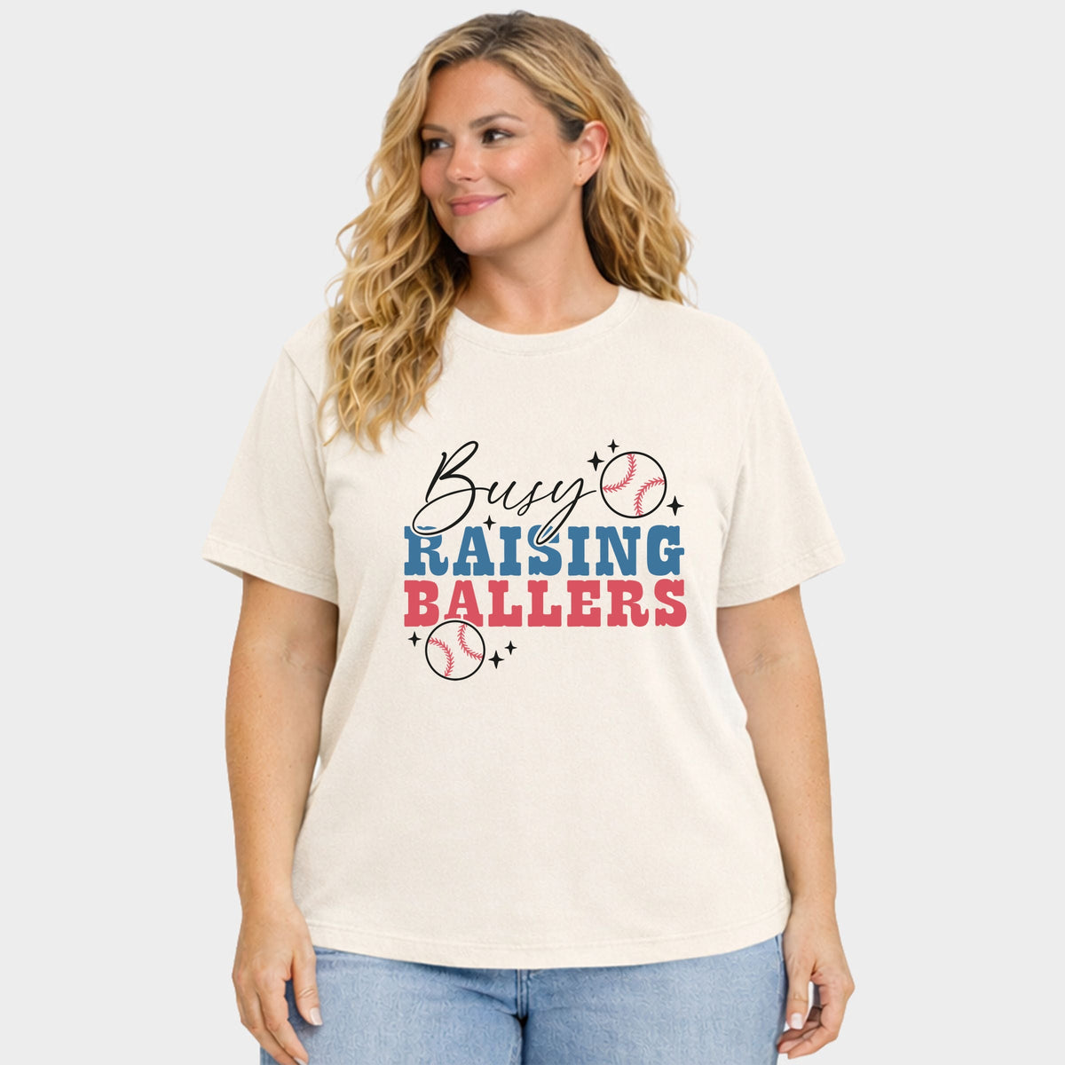 Busy Raising Ballers Baseball Colorful - Women's Plus Sized Garment Dyed Graphic T-Shirt