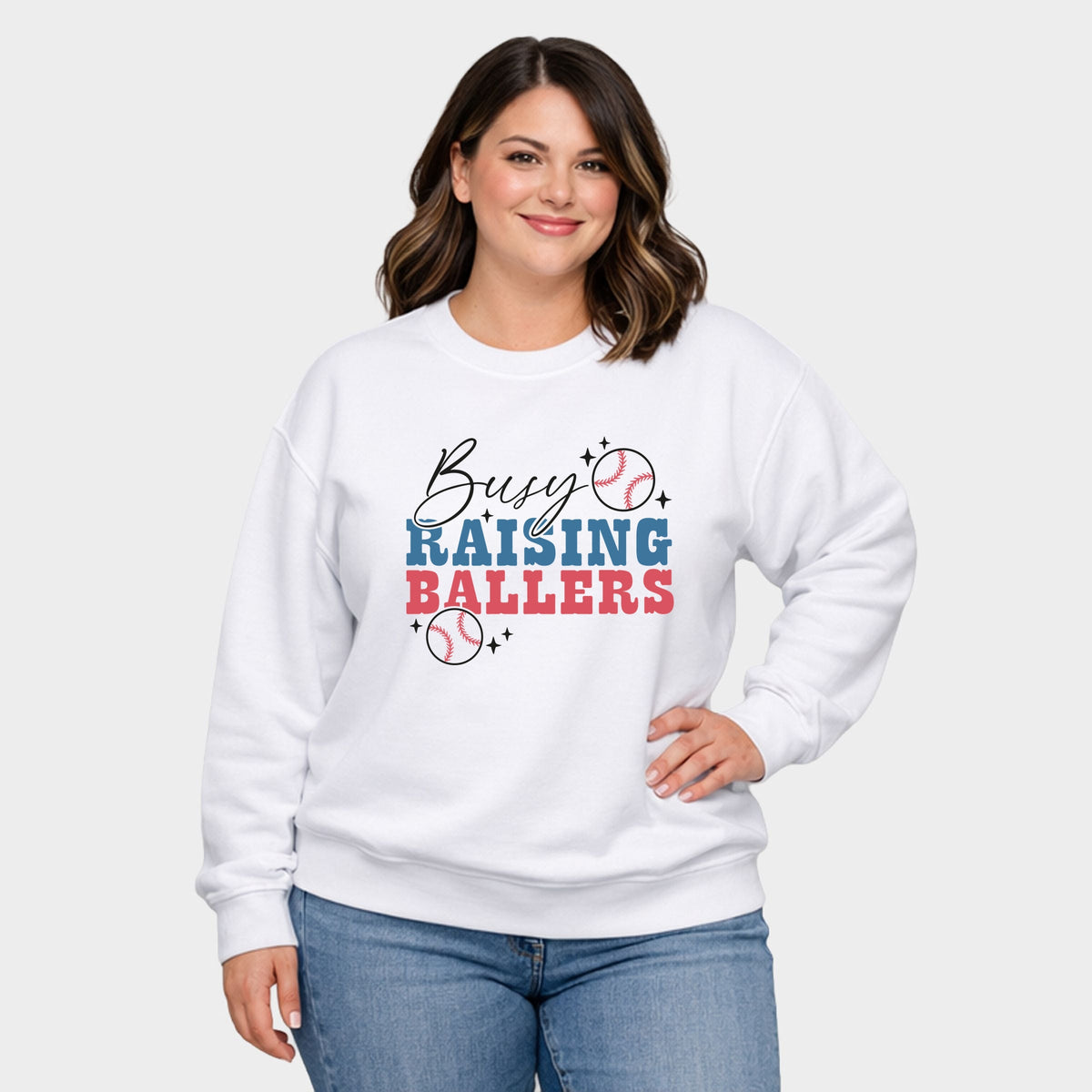 Busy Raising Ballers Baseball Colorful - Women's Plus Sized Graphic Sweatshirt