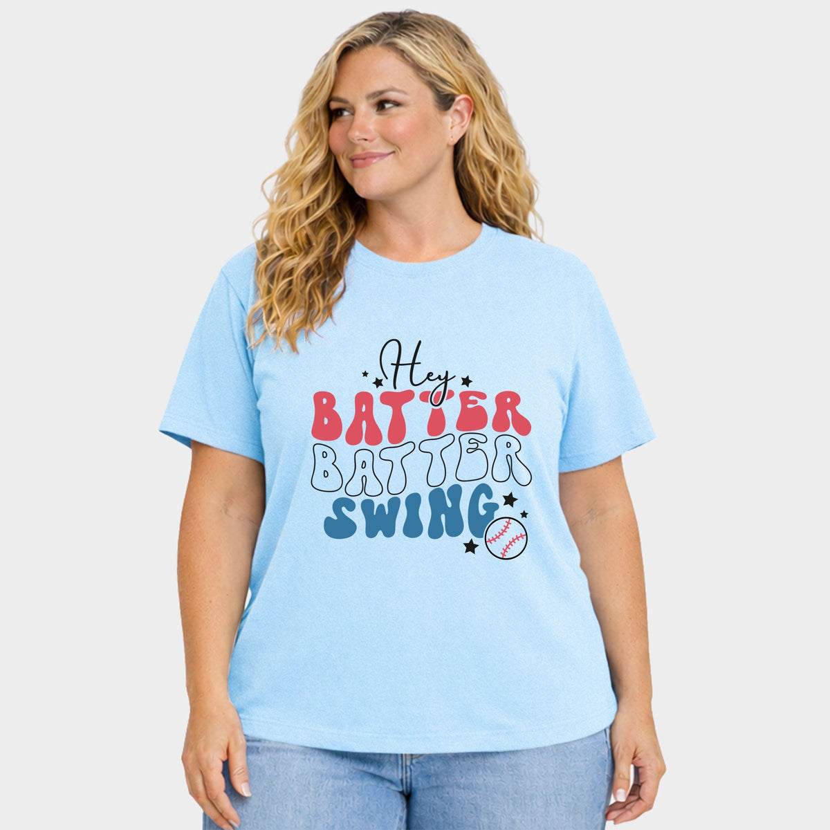 Batter Batter Red White Blue - Women's Plus Sized Garment Dyed Graphic T-Shirt