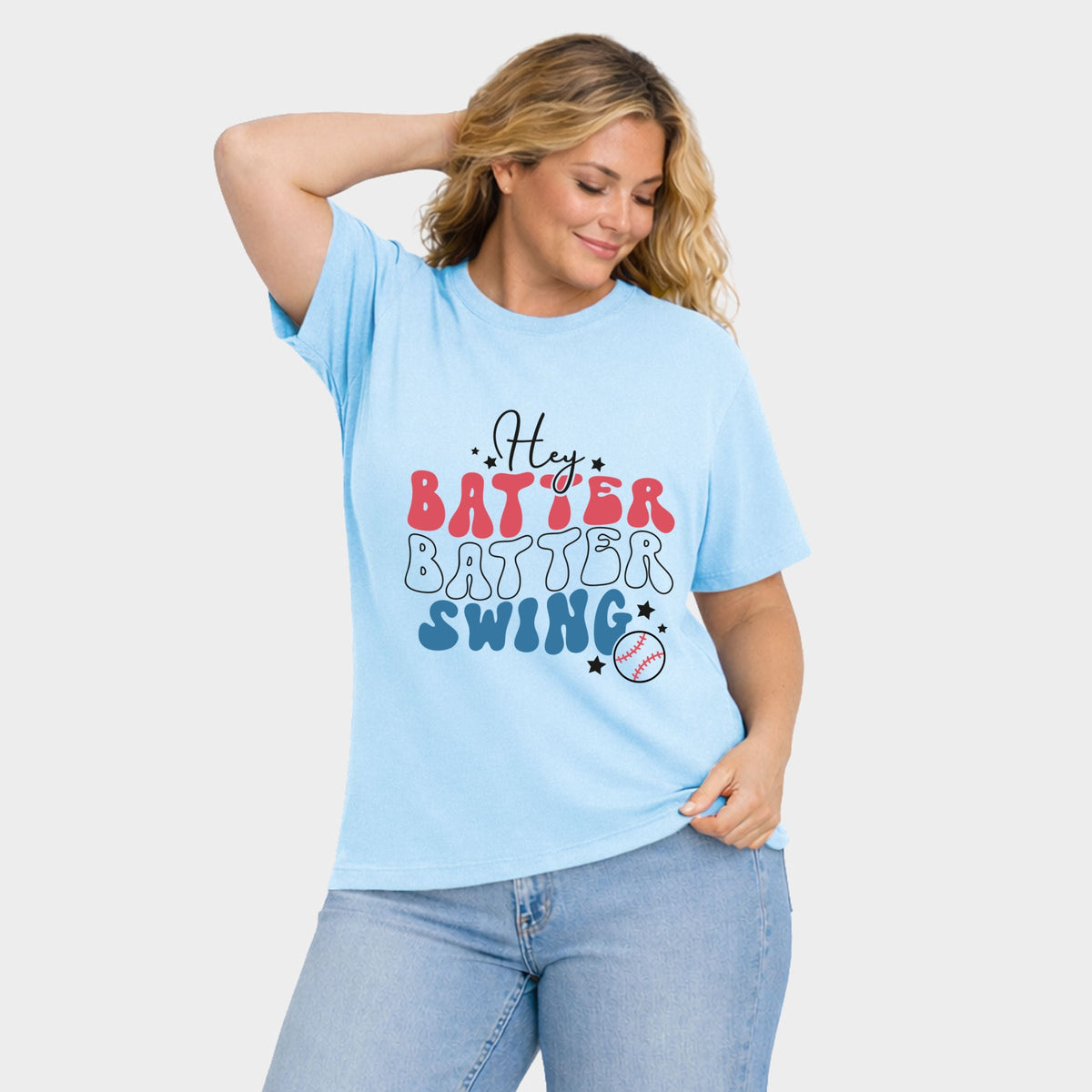 Batter Batter Red White Blue - Women's Plus Sized Garment Dyed Graphic T-Shirt