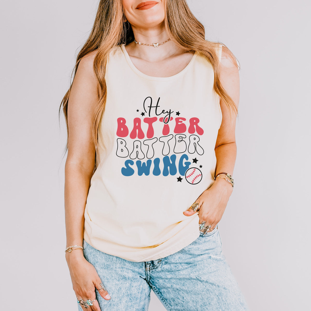 Batter Batter Red White Blue - Women's Garment Dyed Graphic Tank Top