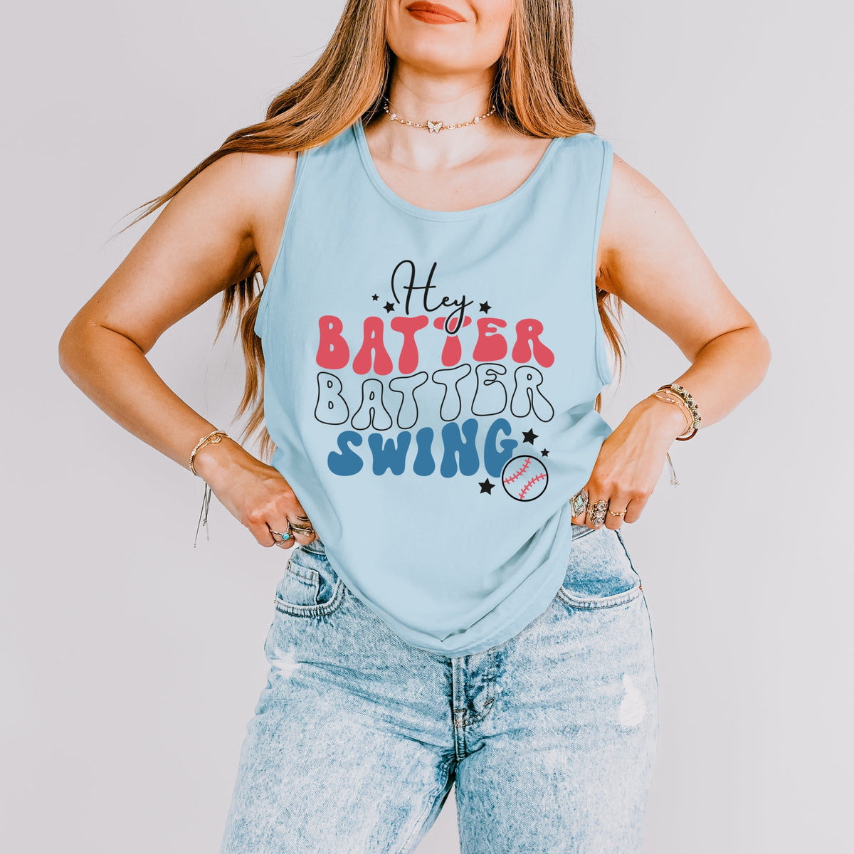 Batter Batter Red White Blue - Women's Garment Dyed Graphic Tank Top