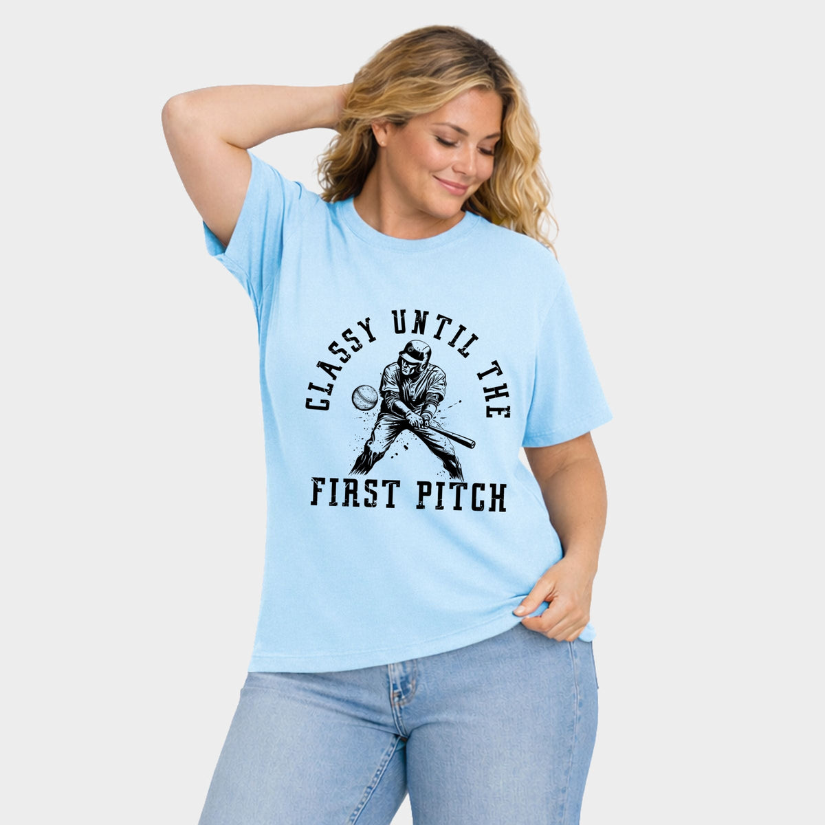 Classy Until First Pitch - Women's Plus Sized Garment Dyed Graphic T-Shirt