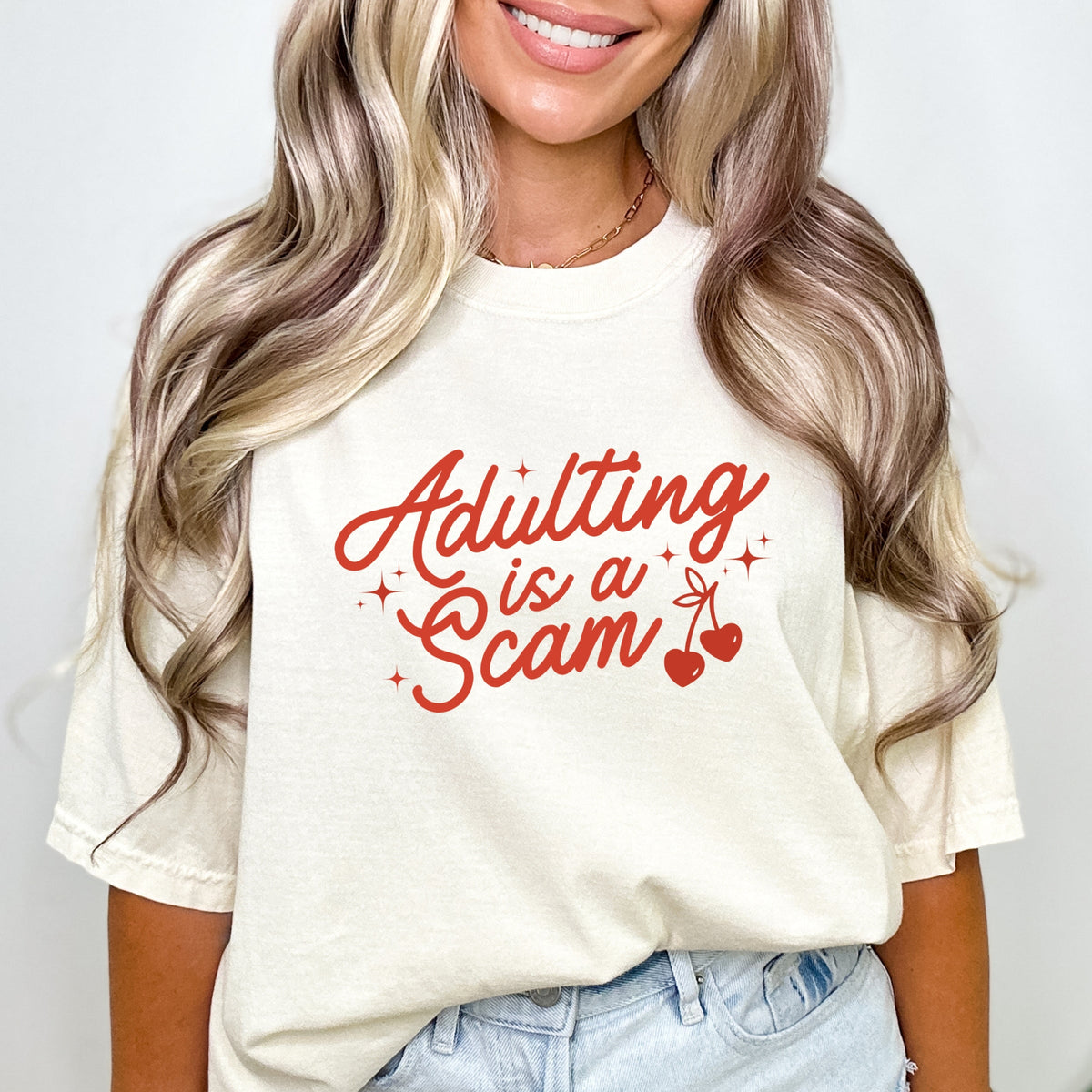 Adulting Is A Scam Cherries - Women's Garment Dyed Graphic T-Shirt