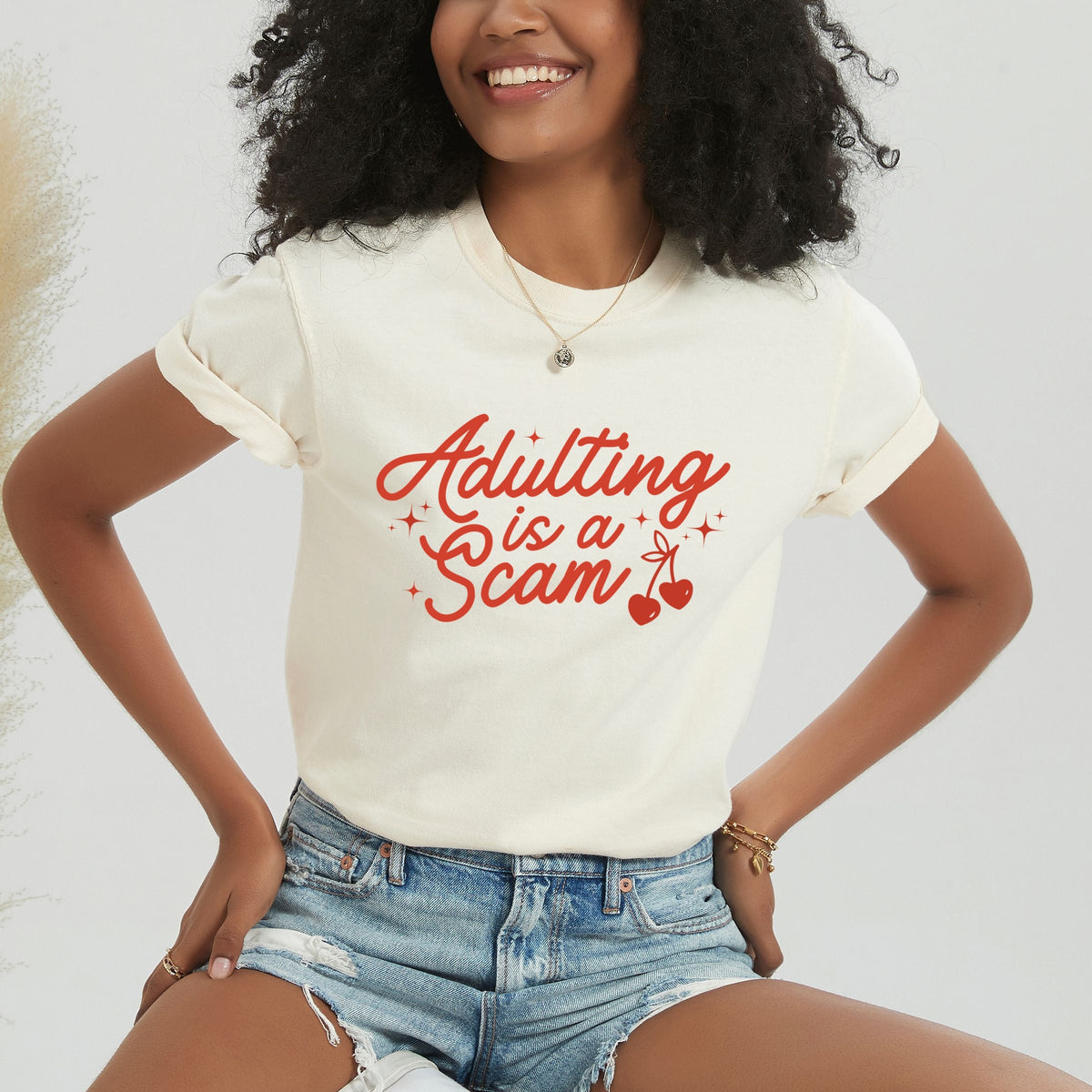 Adulting Is A Scam Cherries - Women's Garment Dyed Graphic T-Shirt