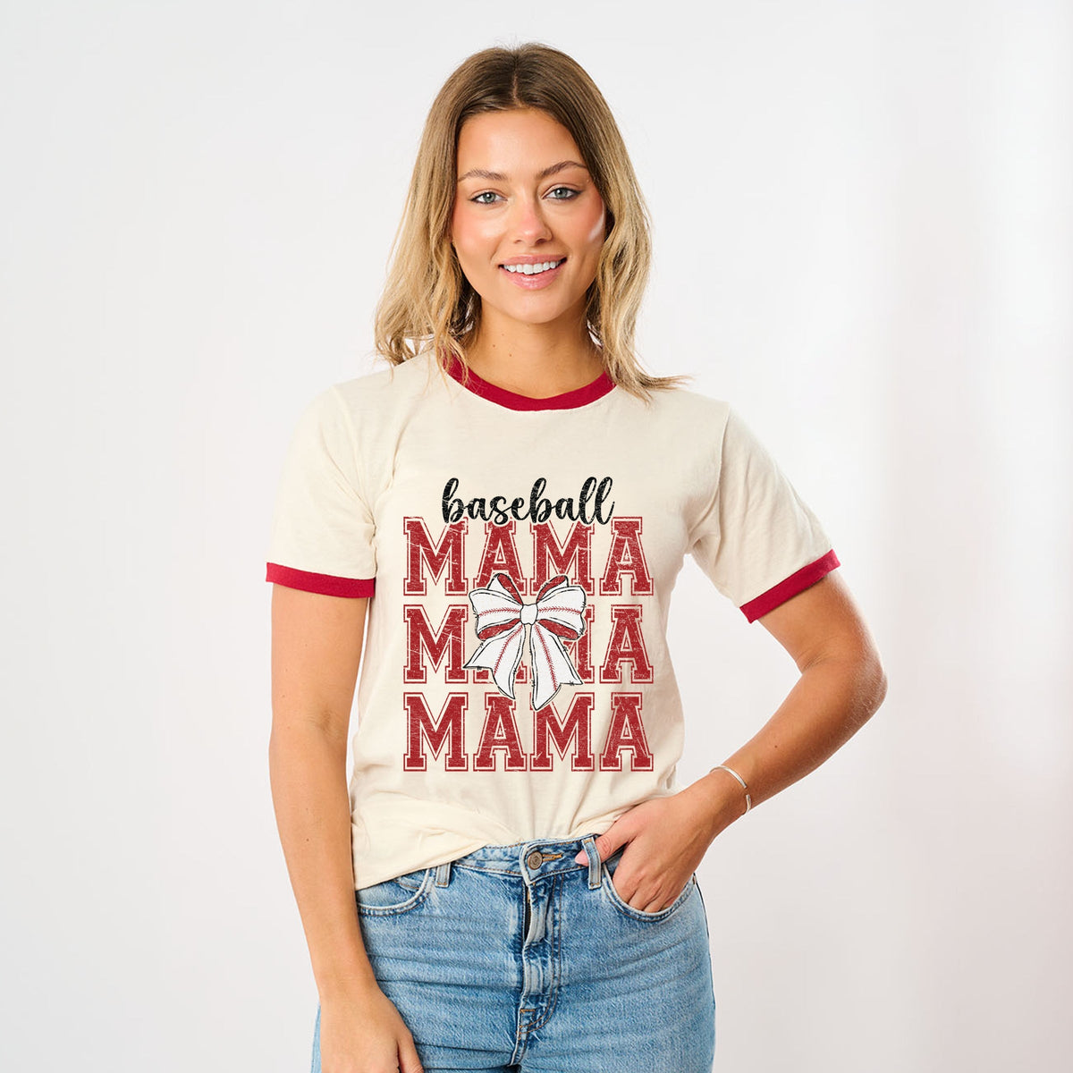 Baseball Mama Stacked Coquette - Women's Ringer Graphic T-Shirt