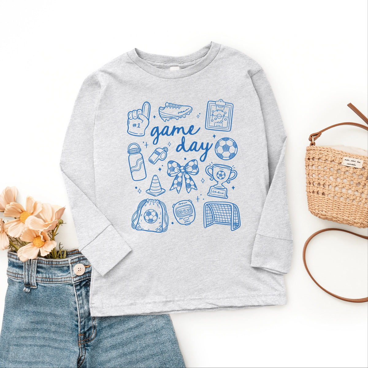 Game Day Soccer Sketched Collage - Youth Long Sleeve Graphic T-Shirt