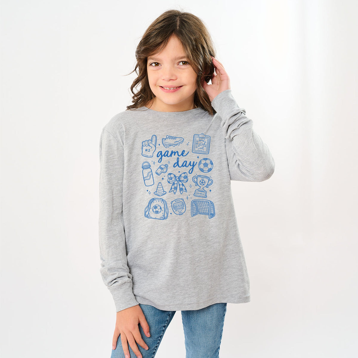 Game Day Soccer Sketched Collage - Youth Long Sleeve Graphic T-Shirt