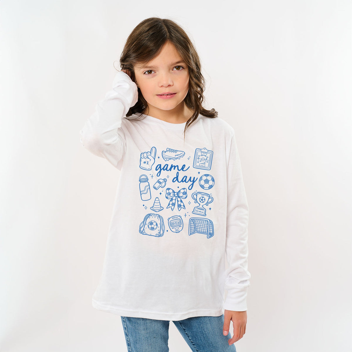 Game Day Soccer Sketched Collage - Youth Long Sleeve Graphic T-Shirt