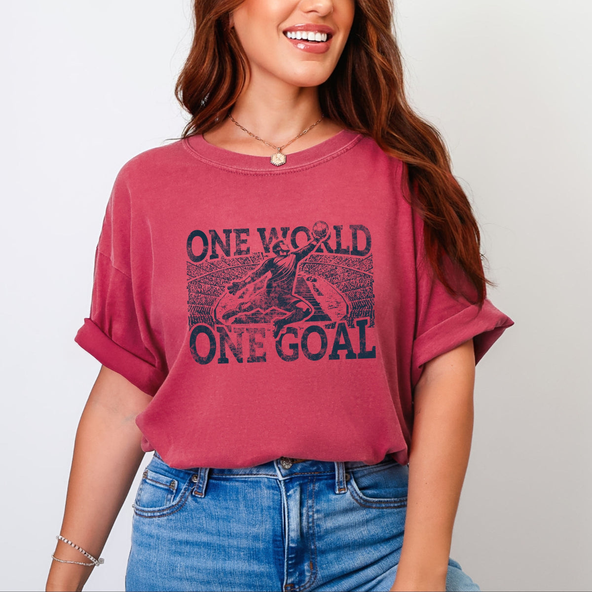 One World, One Goal Soccer - Women's Garment Dyed Graphic T-Shirt