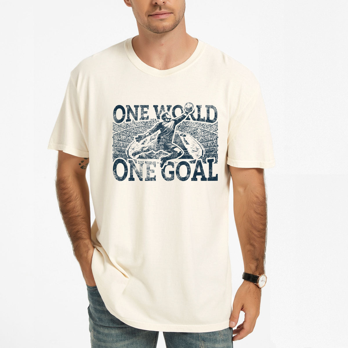 One World, One Goal Soccer - Men's Garment Dyed Graphic T-Shirt