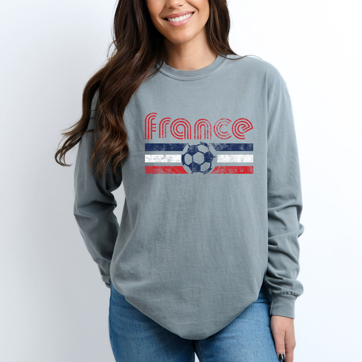 France Soccer Flag - Women's Garment Dyed Long Sleeve Graphic T-Shirt
