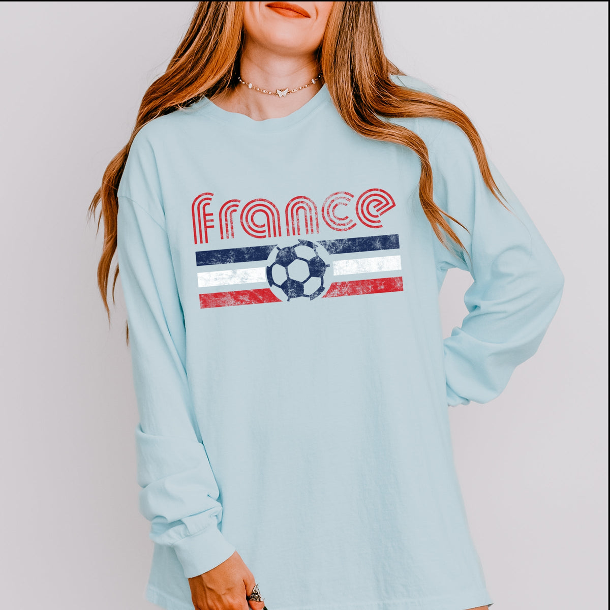 France Soccer Flag - Women's Garment Dyed Long Sleeve Graphic T-Shirt