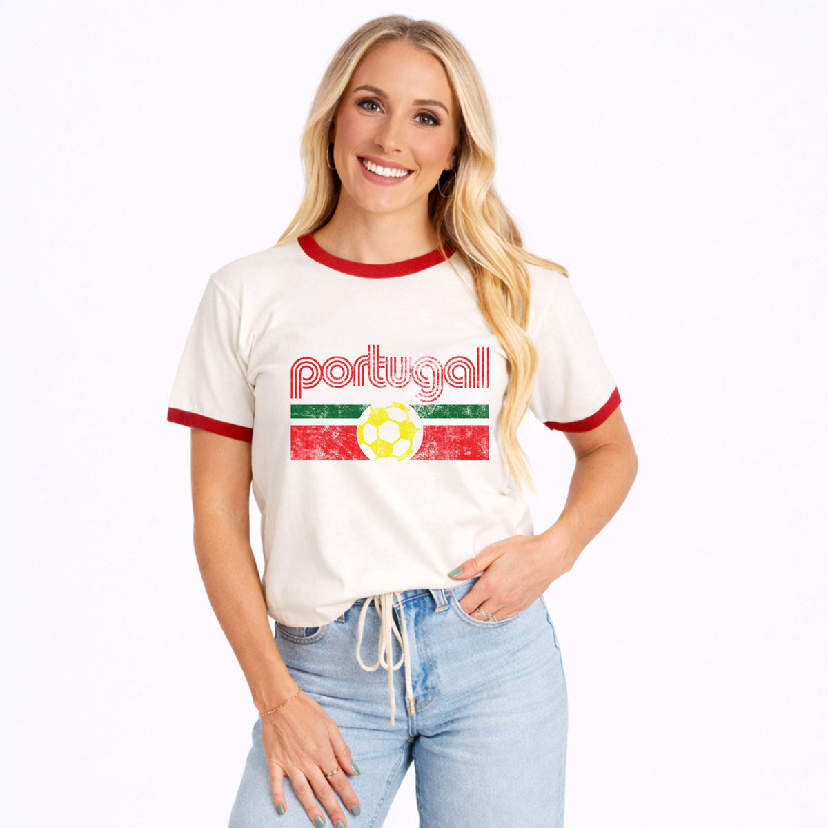 Portugal Soccer Flag - Women's Ringer Graphic T-Shirt