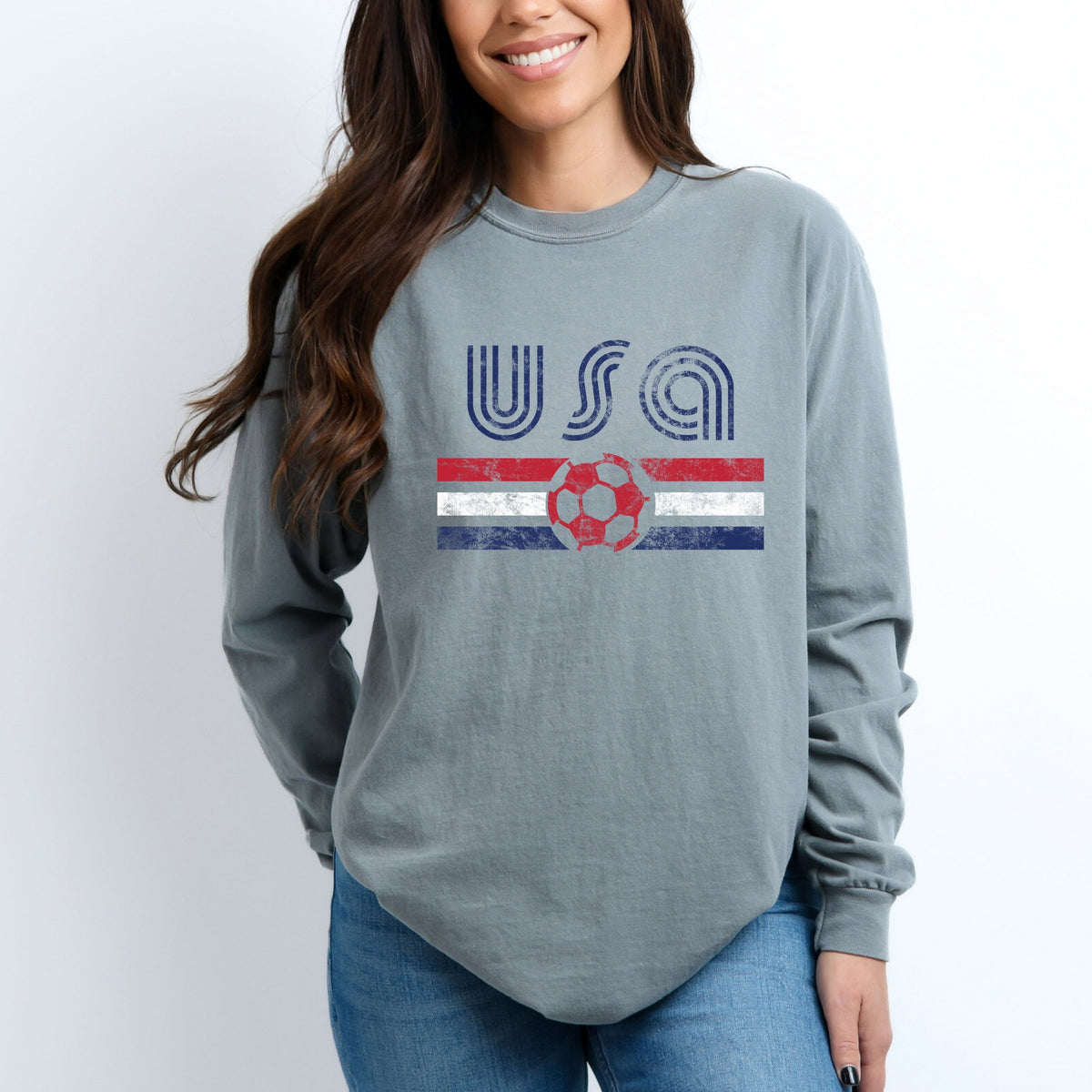 USA Soccer Flag - Women's Garment Dyed Long Sleeve Graphic T-Shirt