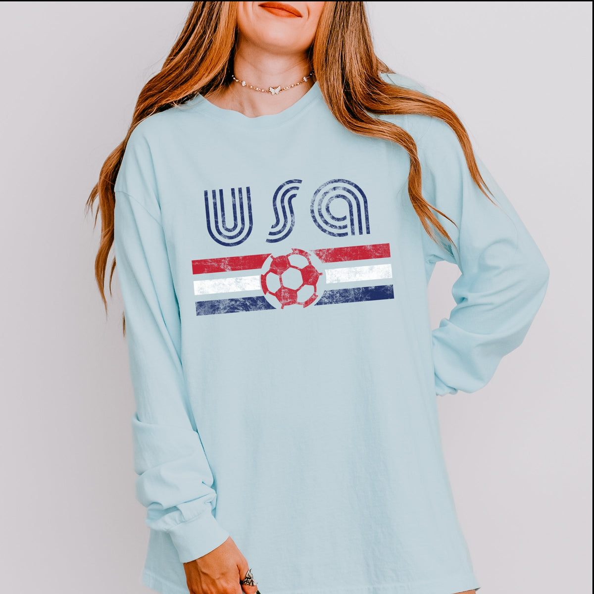USA Soccer Flag - Women's Garment Dyed Long Sleeve Graphic T-Shirt