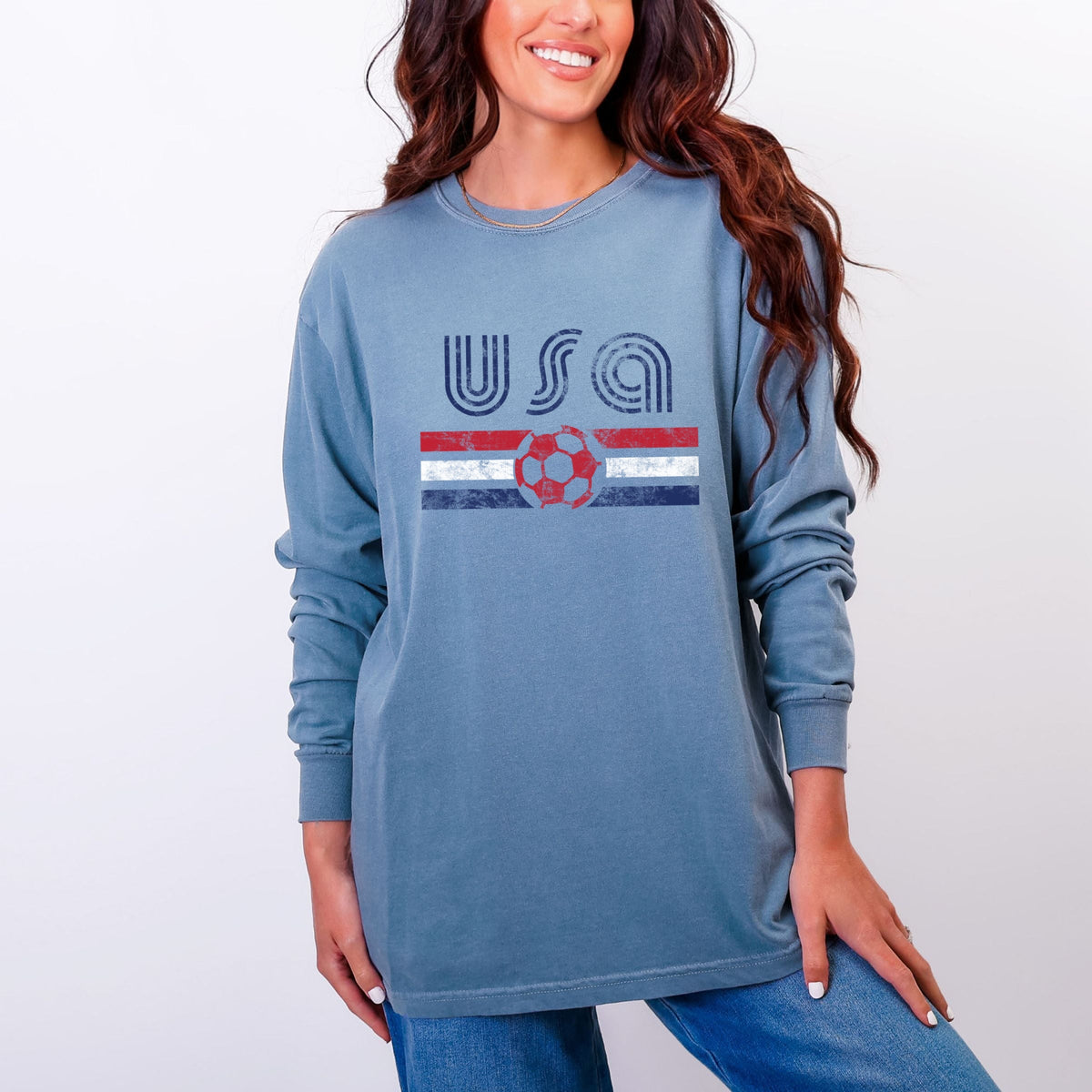 USA Soccer Flag - Women's Garment Dyed Long Sleeve Graphic T-Shirt